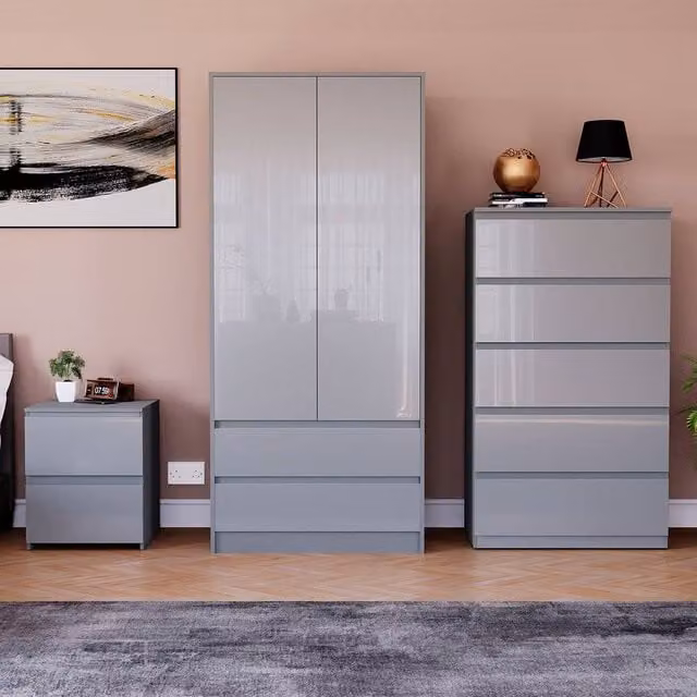 HD Designs Vida Designs Glinton 3 Piece Modern Glossy Grey Bedroom Set including Wardrobe, Chest of Drawers and Nightstand