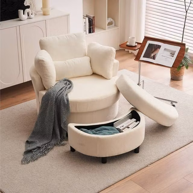 Direct Wicker Ivory Chenille Swivel Armchair with Cushion Pillow and Matching Crescent Ottoman Stool
