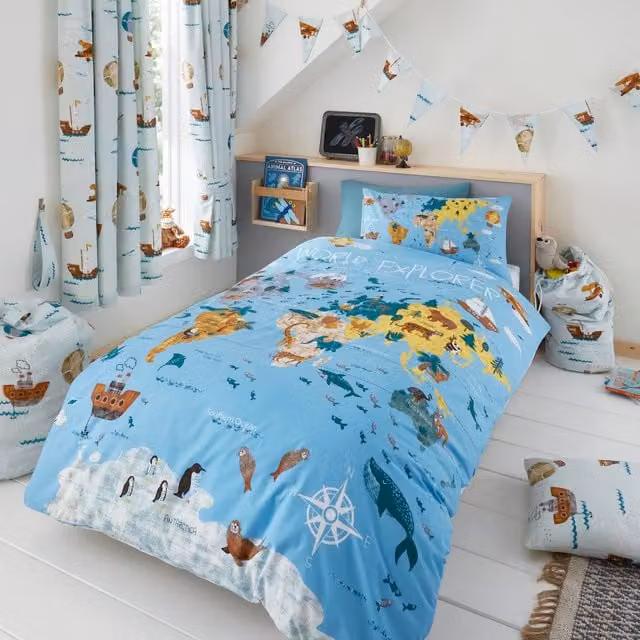 Happy Linen Company Reversible Blue Kids Bedding Duvet Cover and Pillowcase Set, W/D/H: 200 x 200 cm and 50 x 70 cm