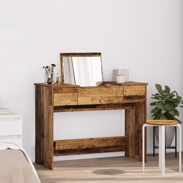 Berkfield Home Rustic Wood Dressing Table with Mirror in Brown, W/D/H: 100 x 45 x 76 cm