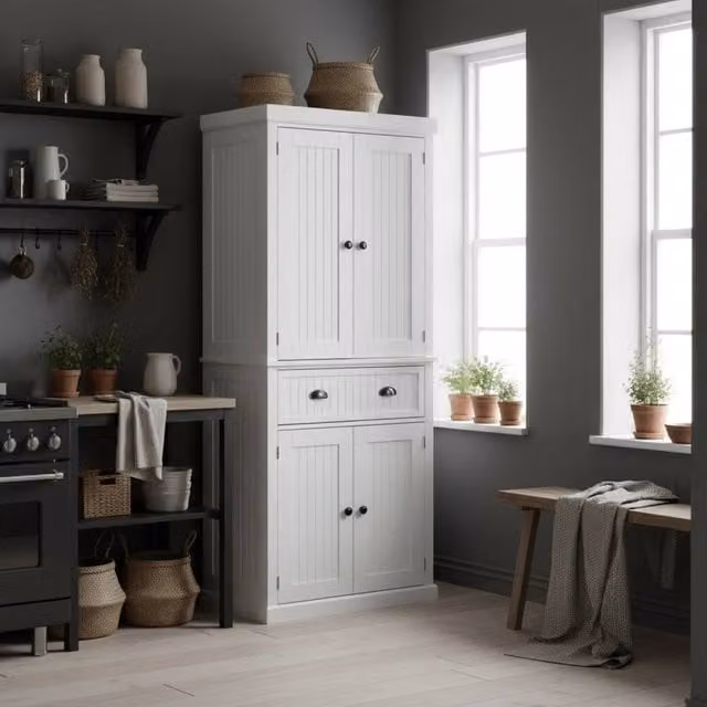 Wyld Haus Ellu White Tall Kitchen Storage Cabinet with Drawers and Shelves W/D/H: 40.2 x 76.2 x 183.0 cm