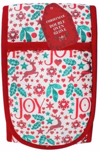 KDMD Christmas Joy Double Oven Glove in Pale Grey Cotton