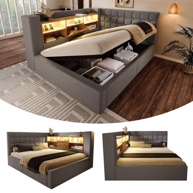 BTM Grey Upholstered Double Day Bed with USB Type C Charging Port, Under-Bed Lighting and Side Storage Compartments, W/D/H: 140 x 200 cm