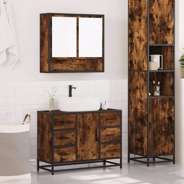 Berkfield Home 2 Piece Industrial Bathroom Furniture Set in Brown Smoked Oak with Mirror Cabinet and Vanity Unit