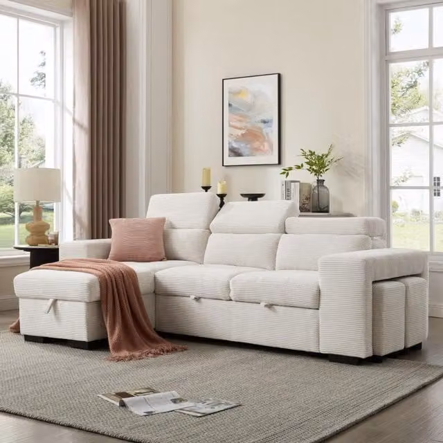Azalea Reversible L-Shape Sofa with Chaise in Cream Jumbo Cord featuring Sleeping Function, Adjustable Headrests and Scatter Cushions