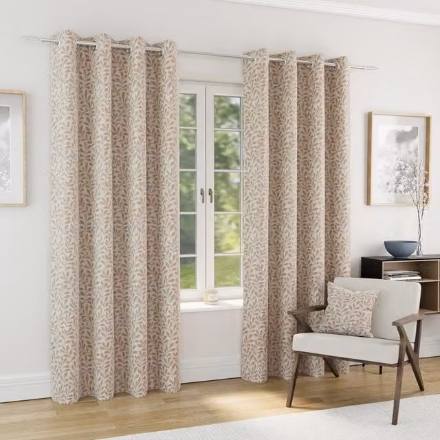 Enhanced Living Sherwood Natural Blackout Jacquard Leaf Eyelet Curtains, Natural/Brown/Beige, Width: 183 cm