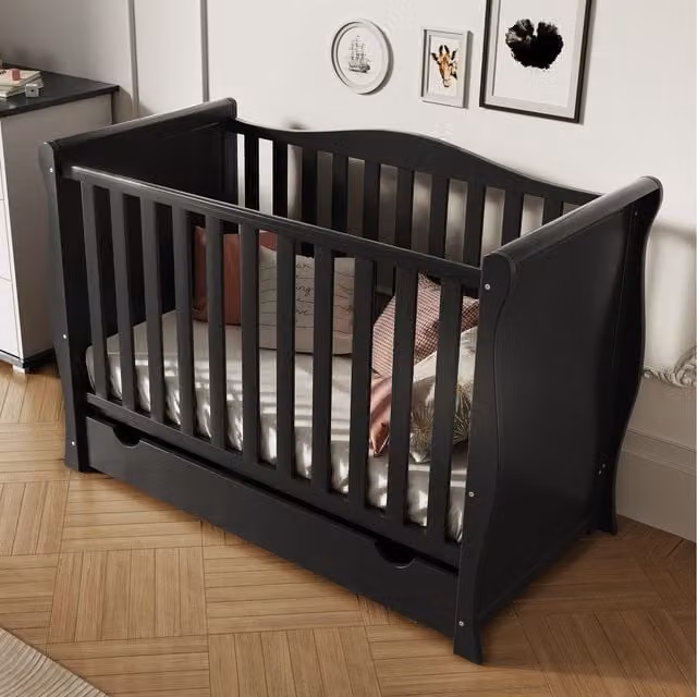 Viculii Willow Sleigh Mini Cot Bed with Drawer and Mattress, Black, W/D/H: 120 x 60 x 60 cm