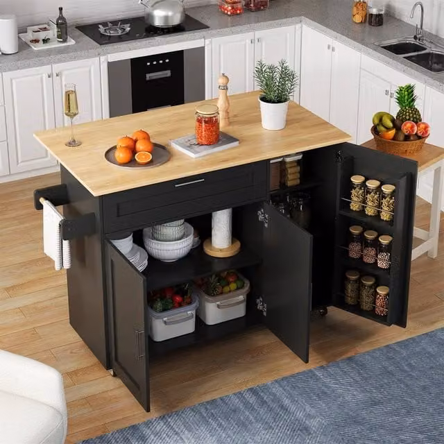 Rolipo Rolling Kitchen Island Cart with Drop Leaf Tabletop and Cabinet in Black