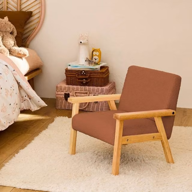 sweeek Children's Scandi-style Armchair in Terracotta Bouclé Fabric with Rubberwood Legs, W/D/H: 50.0 x 43.5 x 47.0 cm
