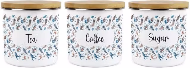 Purely Home Sea Art Blue Ceramic Tea, Coffee and Sugar Kitchen Canister Set of 3