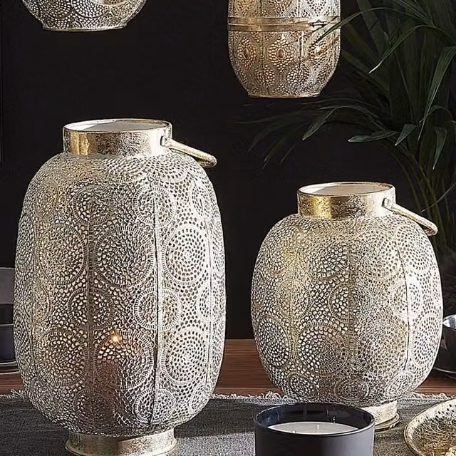 Wyld and Coco Distressed Gold Metal and Glass Tabletop Lantern with Boho Geometric Openwork, Height: 30 cm