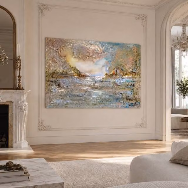 Mafett Abstract Landscape Canvas Wall Art in Blue, Beige and Gold, W: 100 cm x H: 150 cm