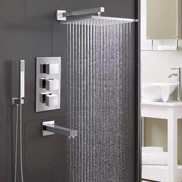 Nes Home Olive Chrome Square 3 Way Concealed Thermostatic Shower Mixer Set with Shower Head, Handset and Bath Filler Spout in Silver