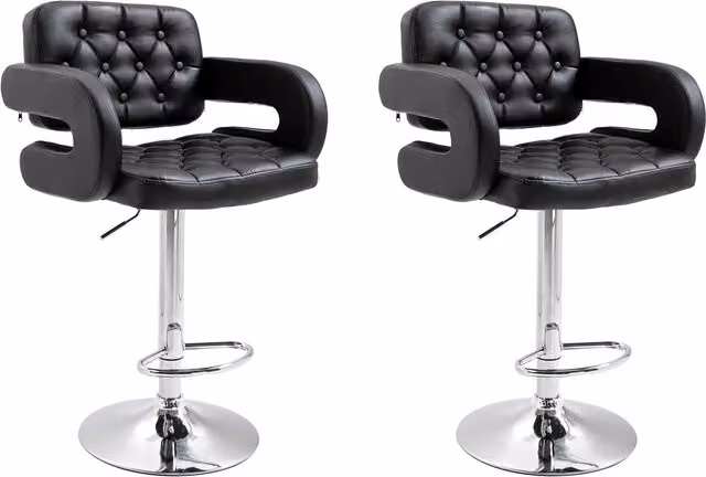 HOMCOM Set of 2 Black PU Leather Upholstered Swivel Bar Stools with Armrests and Footrests