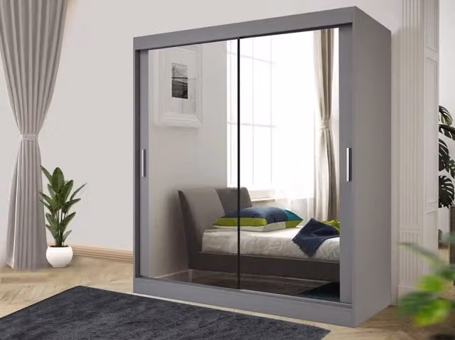 RAC3 Modern Grey Sliding Mirror Wardrobe with Integrated Drawers, Width: 100 cm
