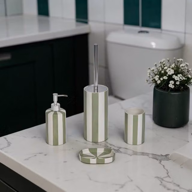 Showerdrape 4 Piece Ceramic Bathroom Accessory Set in Green and White Striped Design featuring Soap Dispenser, Soap Dish, Tumbler and Toilet Brush