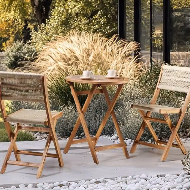 Wyld and Coco Round Acacia Wood Foldable Bistro Table, Brown, Diameter: 60 cm, Height: 73 cm