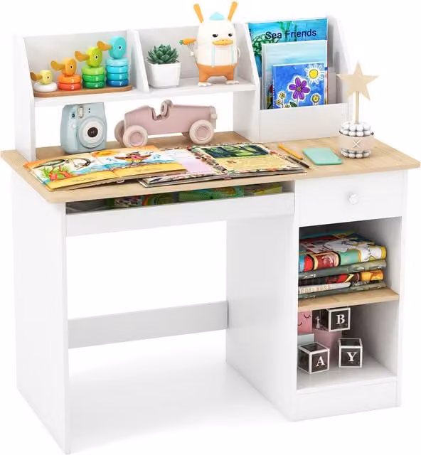 Costway White Kids Computer Desk and Student Workstation