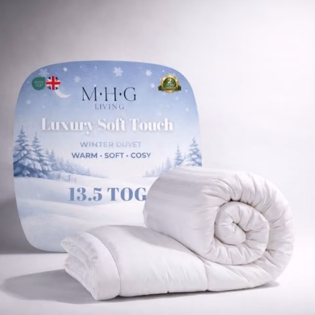 MHG Living 13.5 Tog Winter Duvet in White, Satin Stripe Microfibre Hollow Fibre