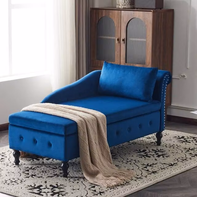 Rolipo Blue Velvet Chaise Lounge with Storage, Right Armrest and Scatter Cushions