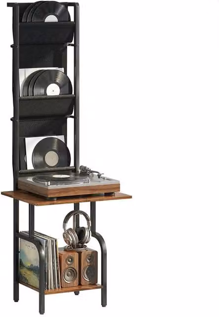 Rolipo Black Vinyl Record Player Stand with Fabric Storage Pockets and Media Compartments