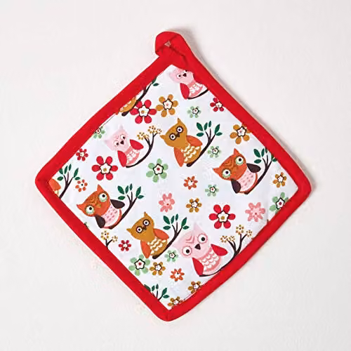 Homescapes Red and Blue Owl Cotton Pot Holder, W/D/H: 20 x 20 x 20 cm