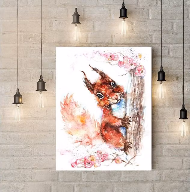 BebesArts Red Squirrel and Blossom Canvas Wall Art, Brown, W: 76.2 cm x H: 50.8 cm