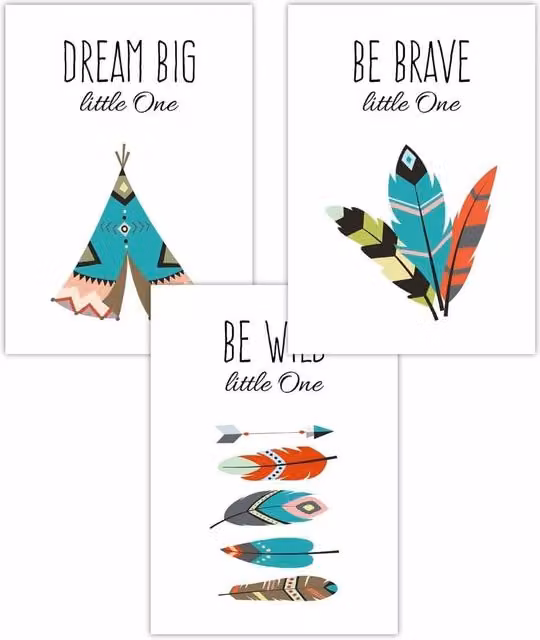ARTZE Set of 3 Boho Tribal Quote Nursery Wall Posters, Multicolour, W: 42 cm, H: 59 cm