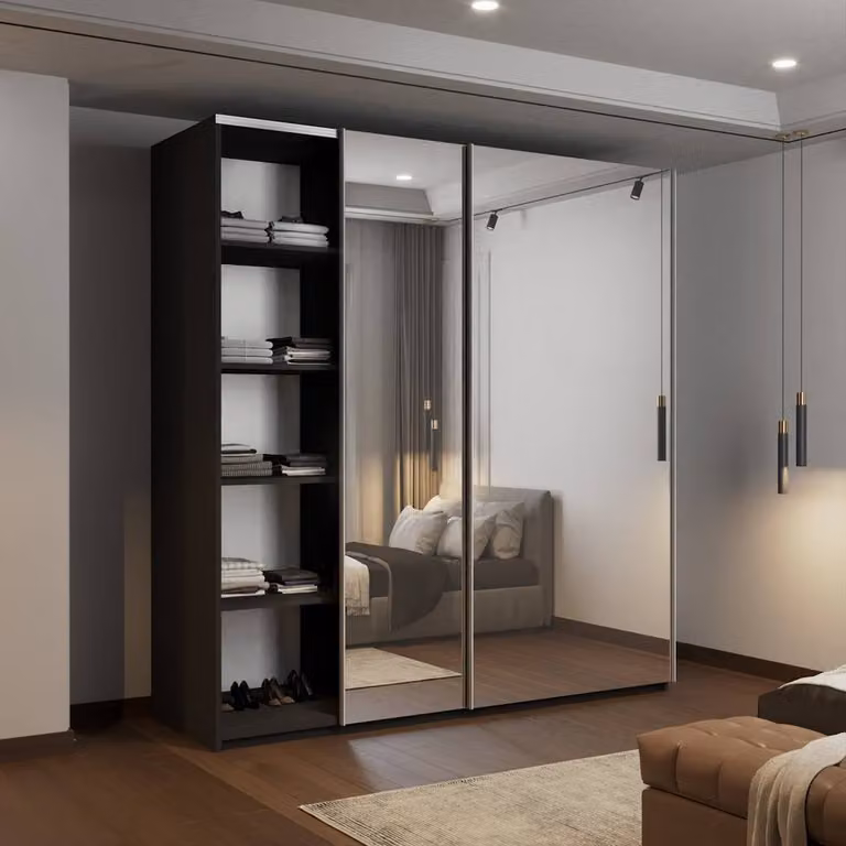 MN Furniture Modern Black Double Mirror Sliding Wardrobe with Integrated LED Lighting W: 200 cm, H: 217 cm