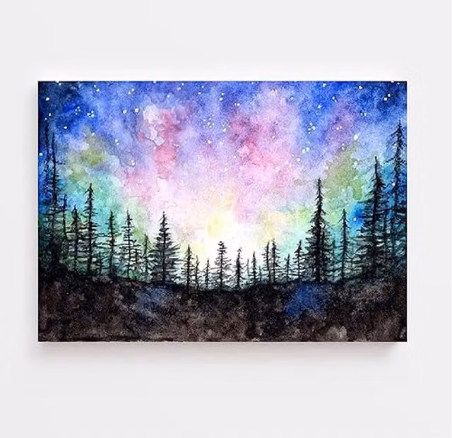 BebesArts Northern Lights Abstract Landscape Watercolour Canvas Print in Blue and Multicolour, W: 45.72 cm, H: 30.48 cm