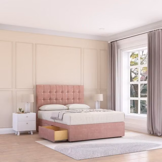 Sloomy Alabama Plush Velvet Memory Foam Bed Set in Pink with 2 Drawers, Mattress and Headboard, Small Double