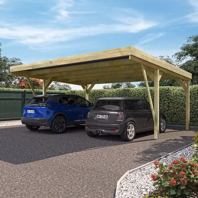 Cerland Victor Designer Double Pent Carport in Brown Wood and Polycarbonate with In-Ground Supports