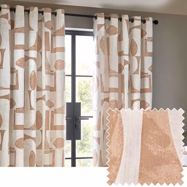 Make It A Home Carro Abstract Cotton Eyelet Curtains, Set of 2, Pink and Brown, W: 183 cm, H: 229 cm