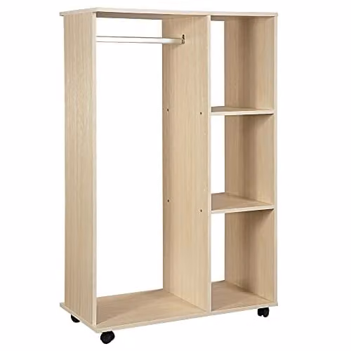 HOMCOM Rolling Open Wardrobe with Hanging Rail and Storage Shelves in Sand