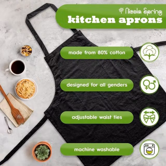 Nicola Spring Pack of 12 Classic Black Cotton Kitchen Bib Aprons for Adults