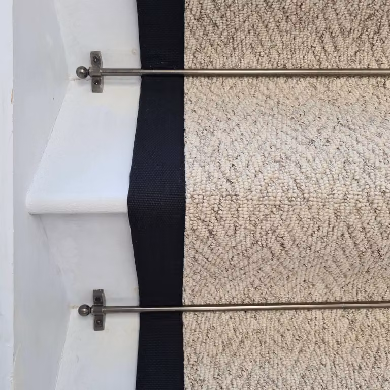 RainbowHome Herringbone Berber Beige Stair Runner with Black Cotton Border, W: 60 cm, L: 650 cm