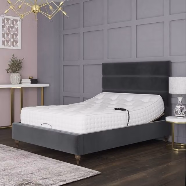 Penelope Electric Adjustable Bed Frame in Grey Velvet, W/D/H: 120 x 200 cm