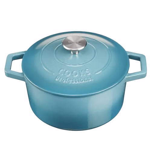 Cooks Professional Enamelled Cast Iron Casserole Dish with Lid and Handles, 2.8 l, Petrol