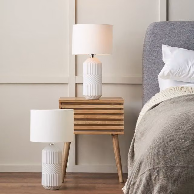 Pacific Lifestyle Set of 2 Meribel Geo Textured Tall Ceramic Table Lamps in White