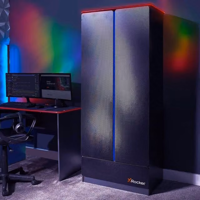 X Rocker Carbon-Tek 2 Door Wardrobe with RGB LED Lighting and Drawer in Grey and Blue, W/D/H: 80 x 80 x 181 cm
