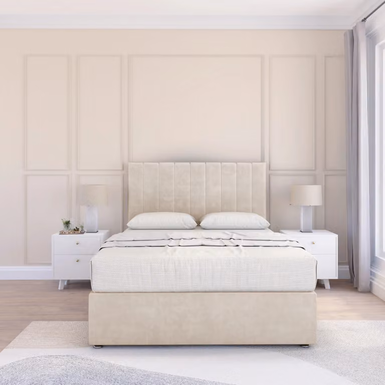 Sloomy Kansas Plush Bed Set with 4 Drawers, Mattress and 54 inch Headboard in Beige, W/D/H: 180 x 200 cm