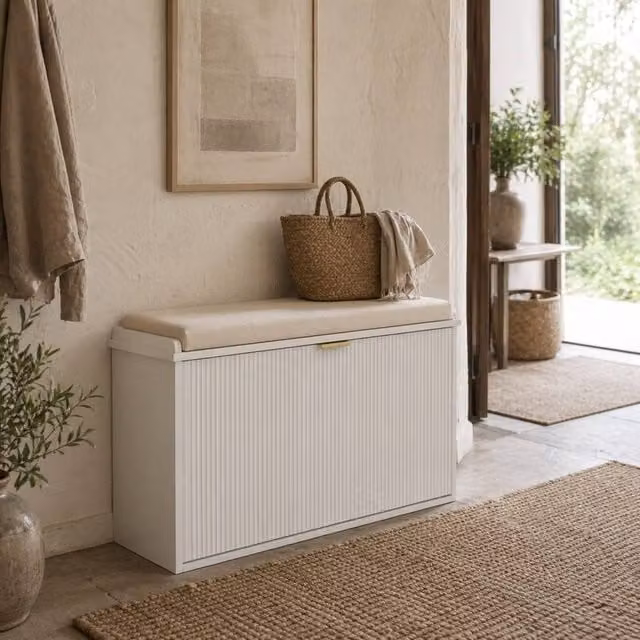 Wyld Haus Lidito White Shoe Storage Bench with Cushioned Top, W/D/H: 80 x 47.5 x 26 cm