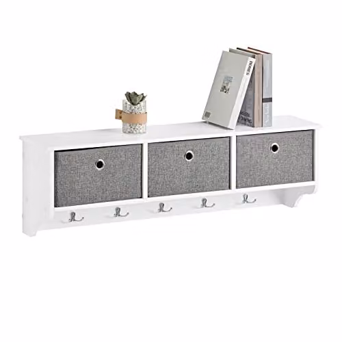 SoBuy Wall Mounted Coat Rack with 10 Hooks and 3 Baskets, White, W100 x D20 x H31 cm