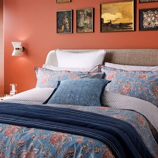 Bedeck of Belfast Emmeline Single Duvet Cover and Pillowcase Set, Blue and Pink Floral Cotton Percale