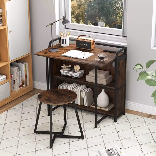 Costway Folding Computer Desk Set with Stool and AC Outlets, Brown