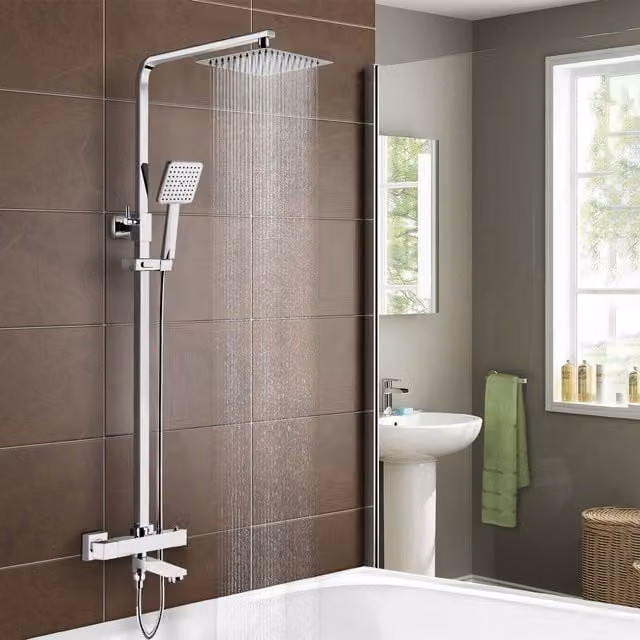 Nes Home Square Thermostatic Shower Kit with Bath Filler in Chrome Metallic Silver