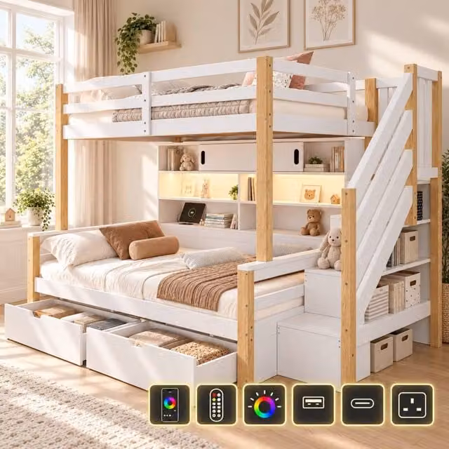 Matteo Single Bunk Bed Frame with Storage Staircase, LED Lighting and USB Charging Port in White