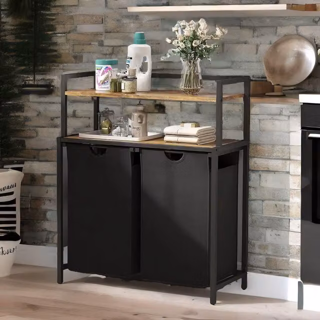 Rafaelo Mobilia Industrial Double Laundry Basket with 2 Shelves in Dark Brown and Black