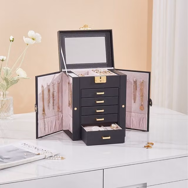Livingandhome Large Faux Leather Jewellery Storage Box with Mirror and Handles in Black