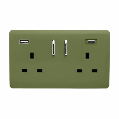 Trendi 2 Gang 13 Amp Flush Socket with 2 x Type A & C 3.1A USB Ports in Green